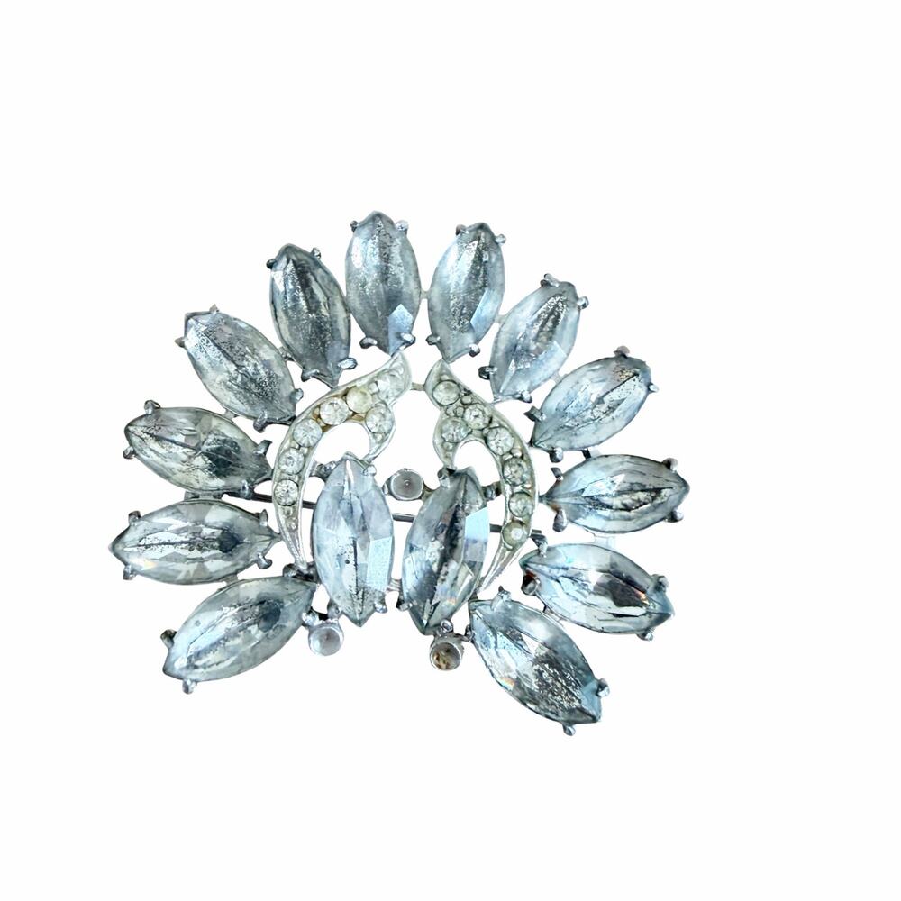Vintage Rhinestone Silver Tone Peacock Brooch